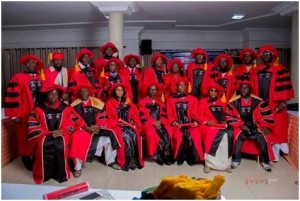 Picture of ATU Alumni in Africa attending the Lome Summit in 2017. All wearing caps and gowns.